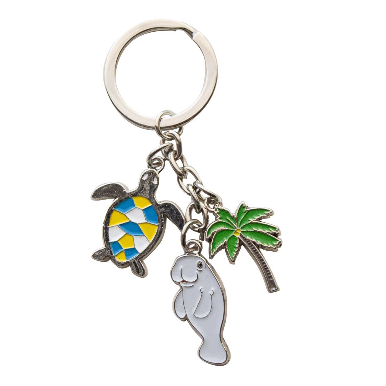 Metal Keychain With 3 Charms, Turtle, Manatee, & Palm Tree key chain Sea Creations