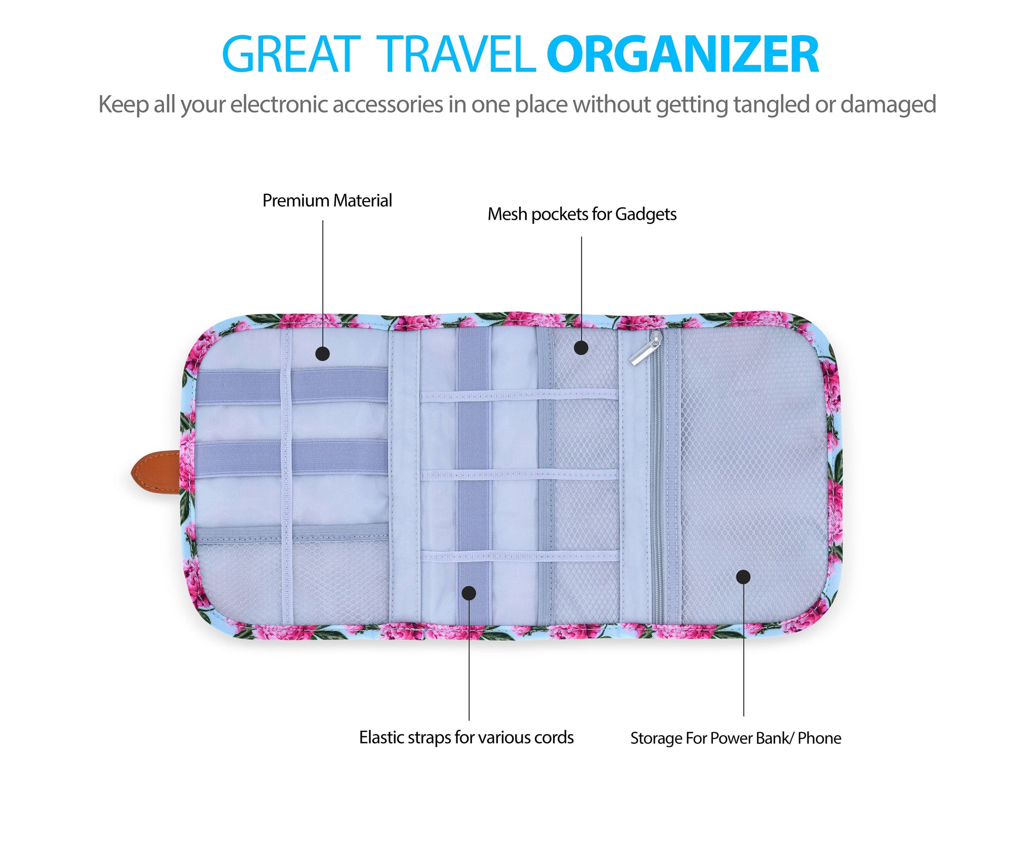 Floral Electronics Organizer Travel Bag cable managment Onyx Outfitters NW   