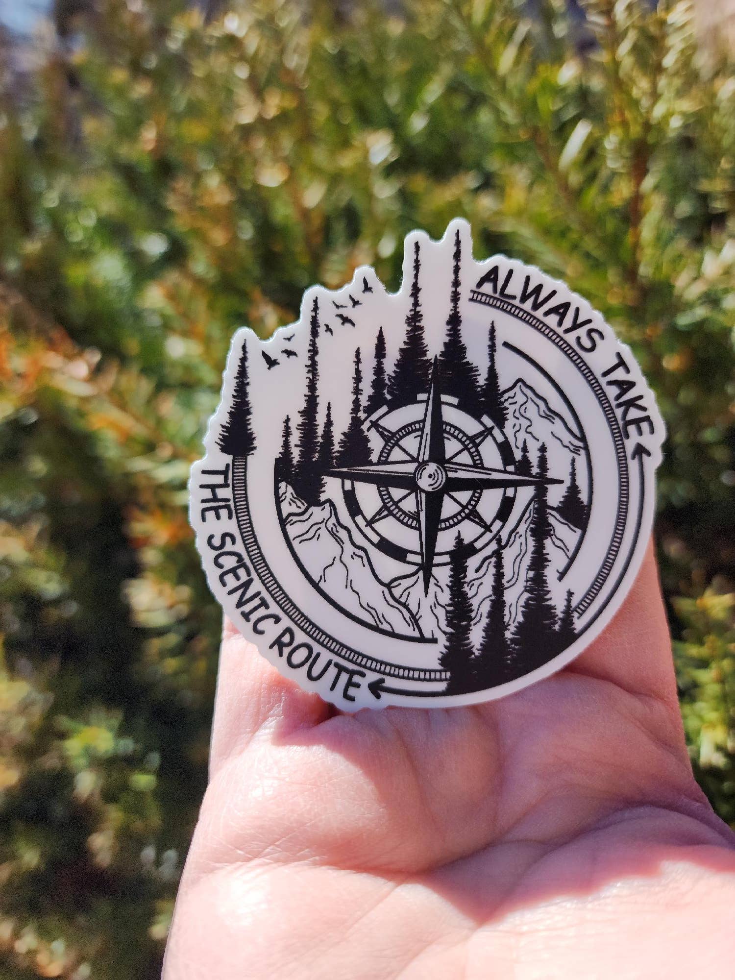 Always Take the Scenic Route" Compass and Trees Sticker