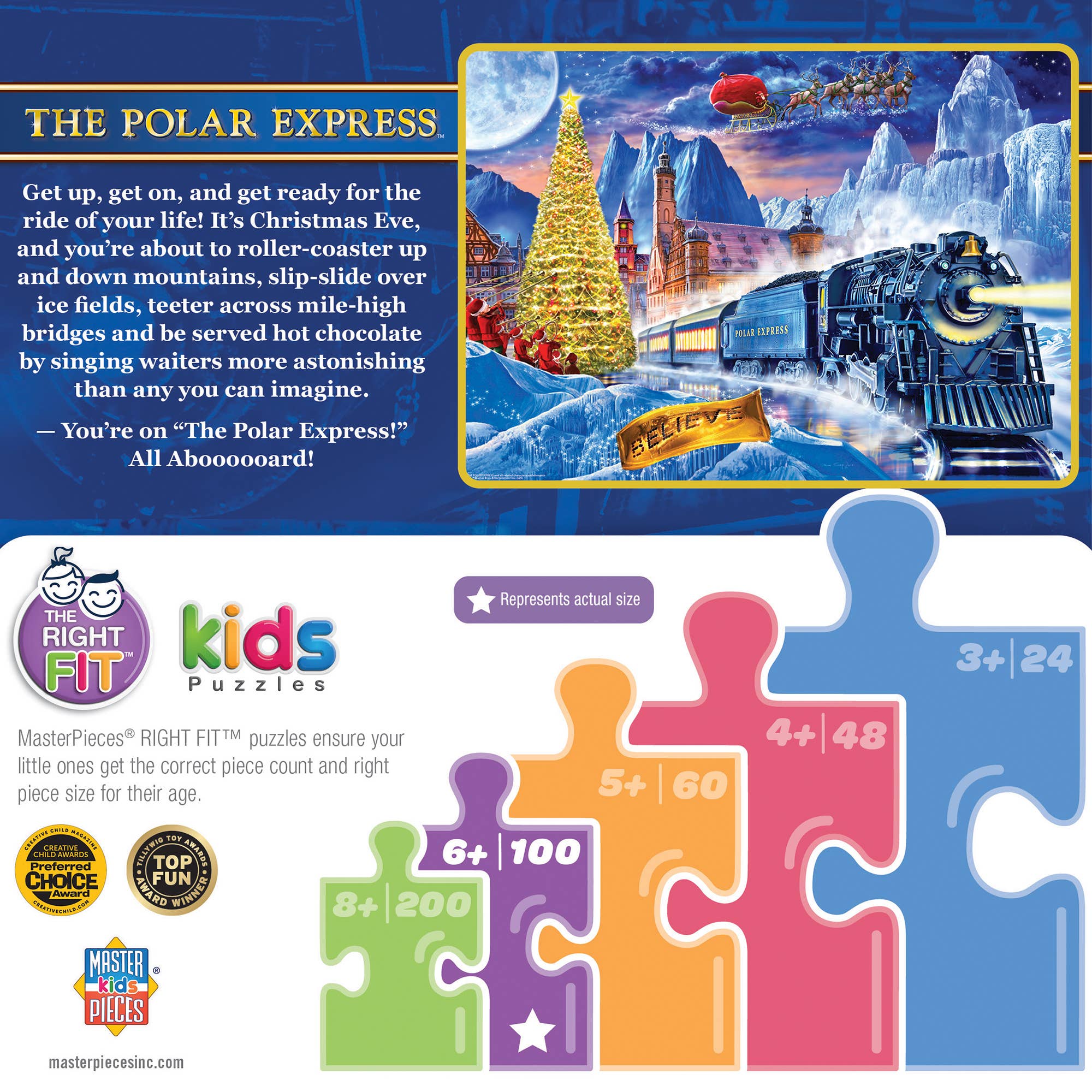Polar Express puzzle packaging with train, Christmas tree, and mountains on a blue background.
