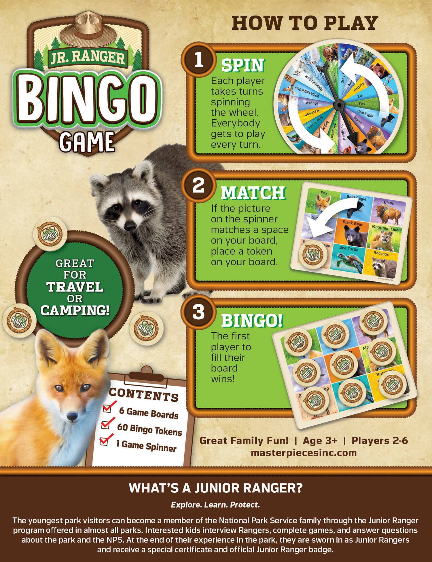 Jr. Ranger Bingo Game packaging with raccoon and fox illustrations, game instructions, and spinner.