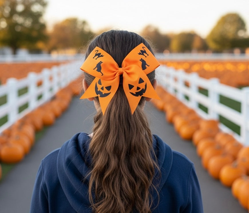 orange bow with jack o lantern designs, and cat silhouettes, halloween