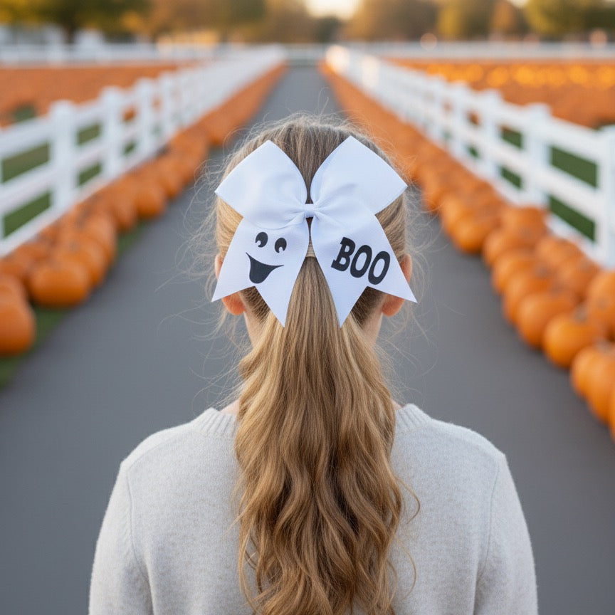 halloween ghost bow, ghost face, words boo