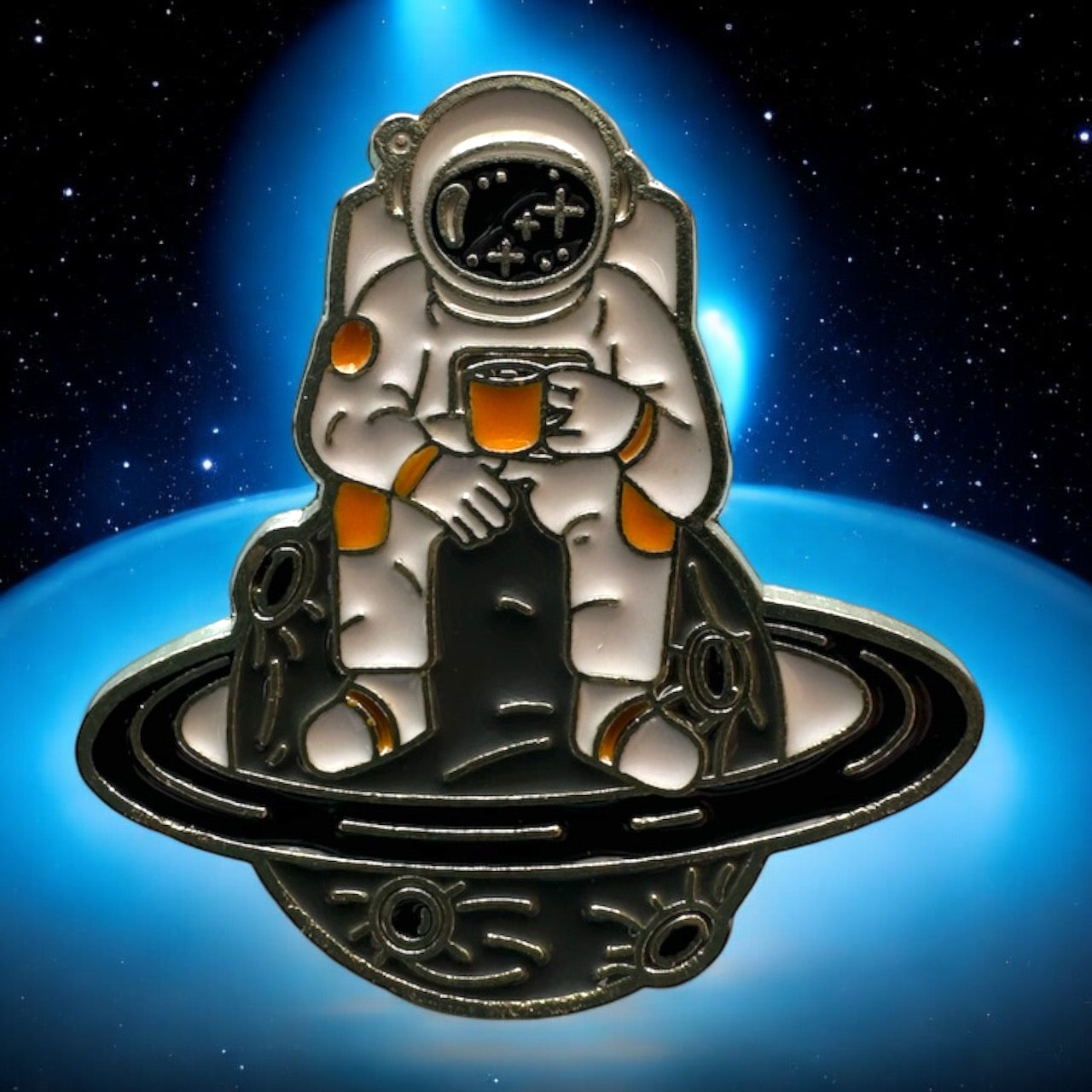 Cosmic Astronaut sitting on Saturn Enamel Pin pin Magnifique Hearts   