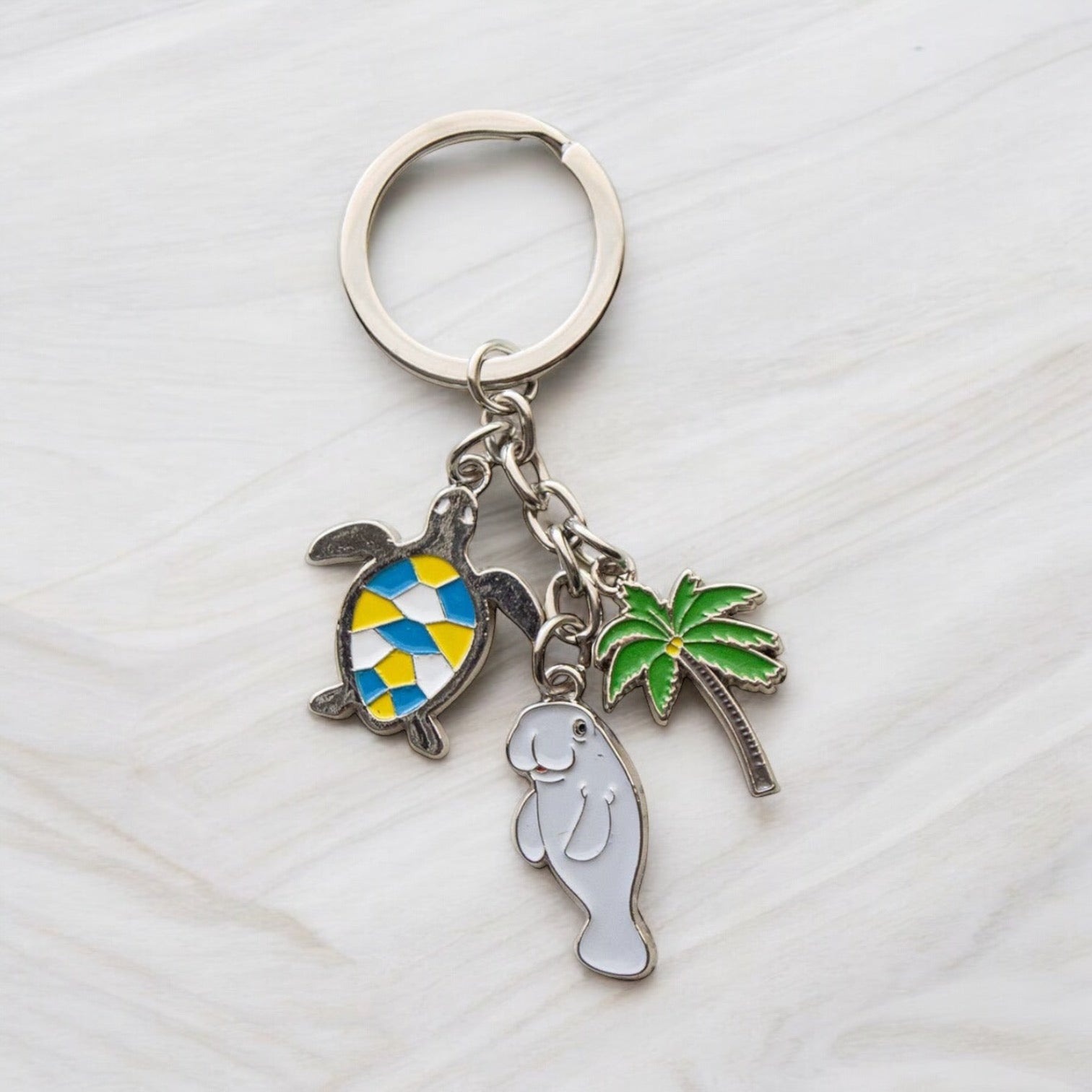 Metal Keychain With 3 Charms, Turtle, Manatee, & Palm Tree key chain Sea Creations