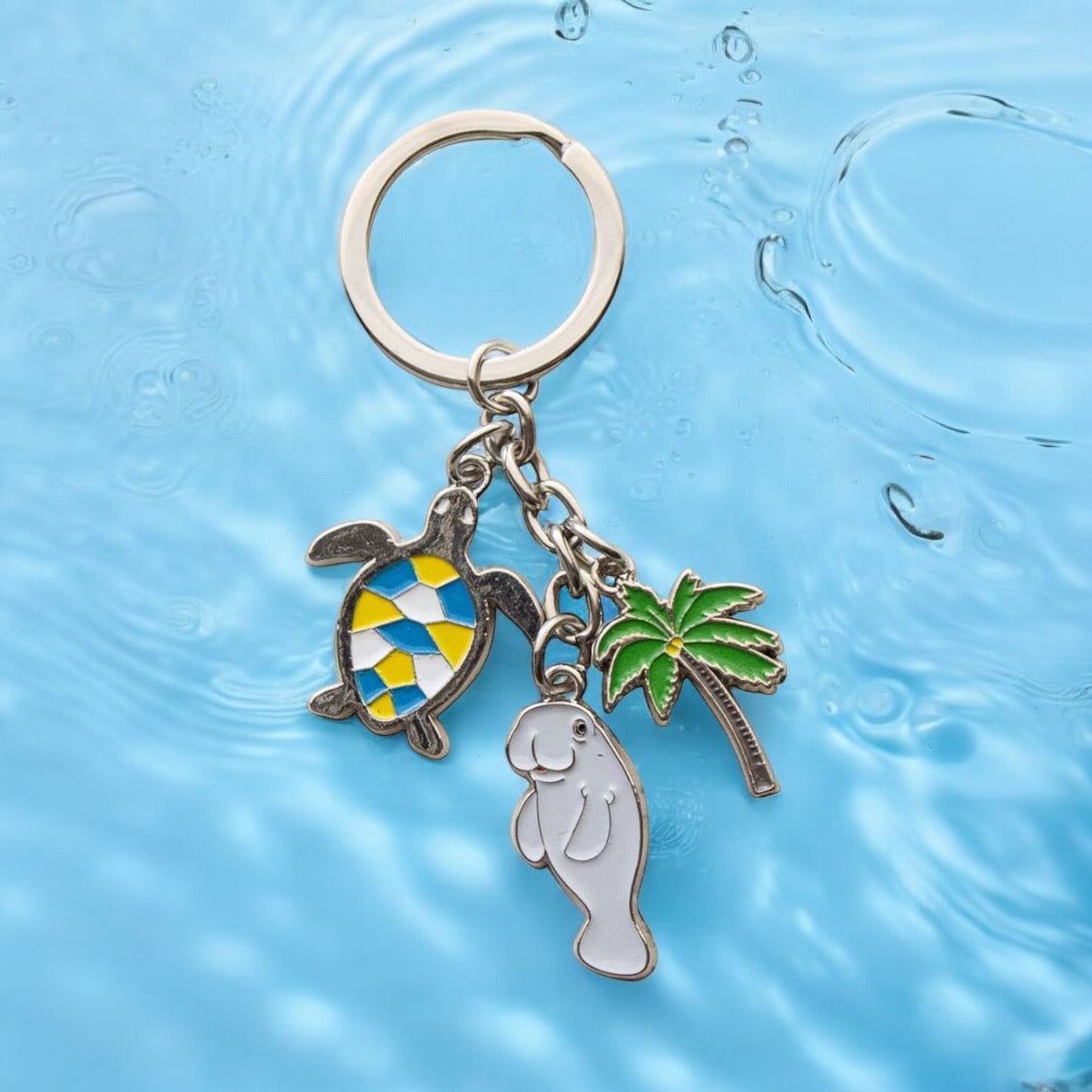 Metal Keychain With 3 Charms, Turtle, Manatee, & Palm Tree key chain Sea Creations