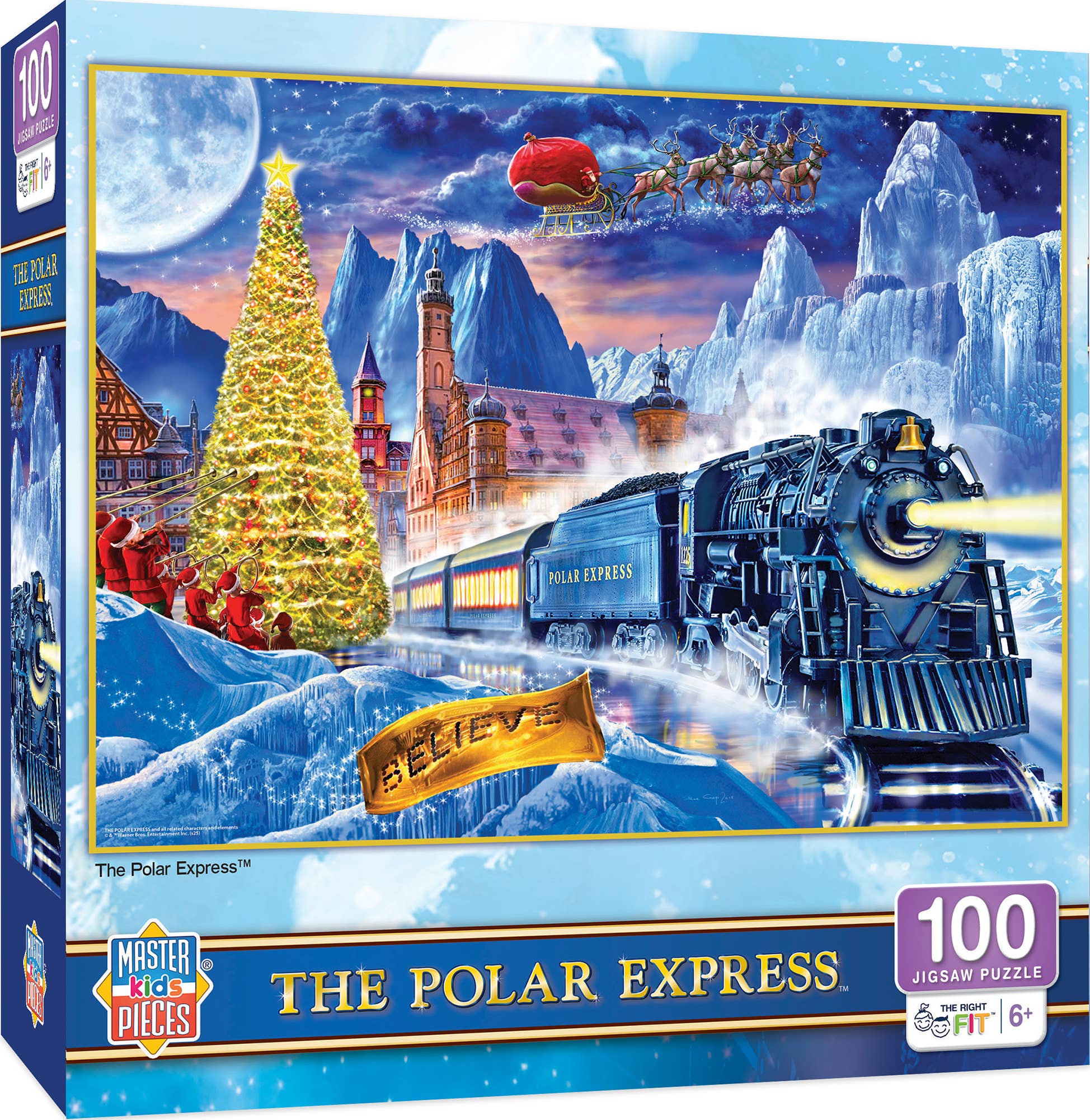 Jigsaw puzzle box featuring 'The Polar Express' with a train, Christmas tree, and Santa Claus.