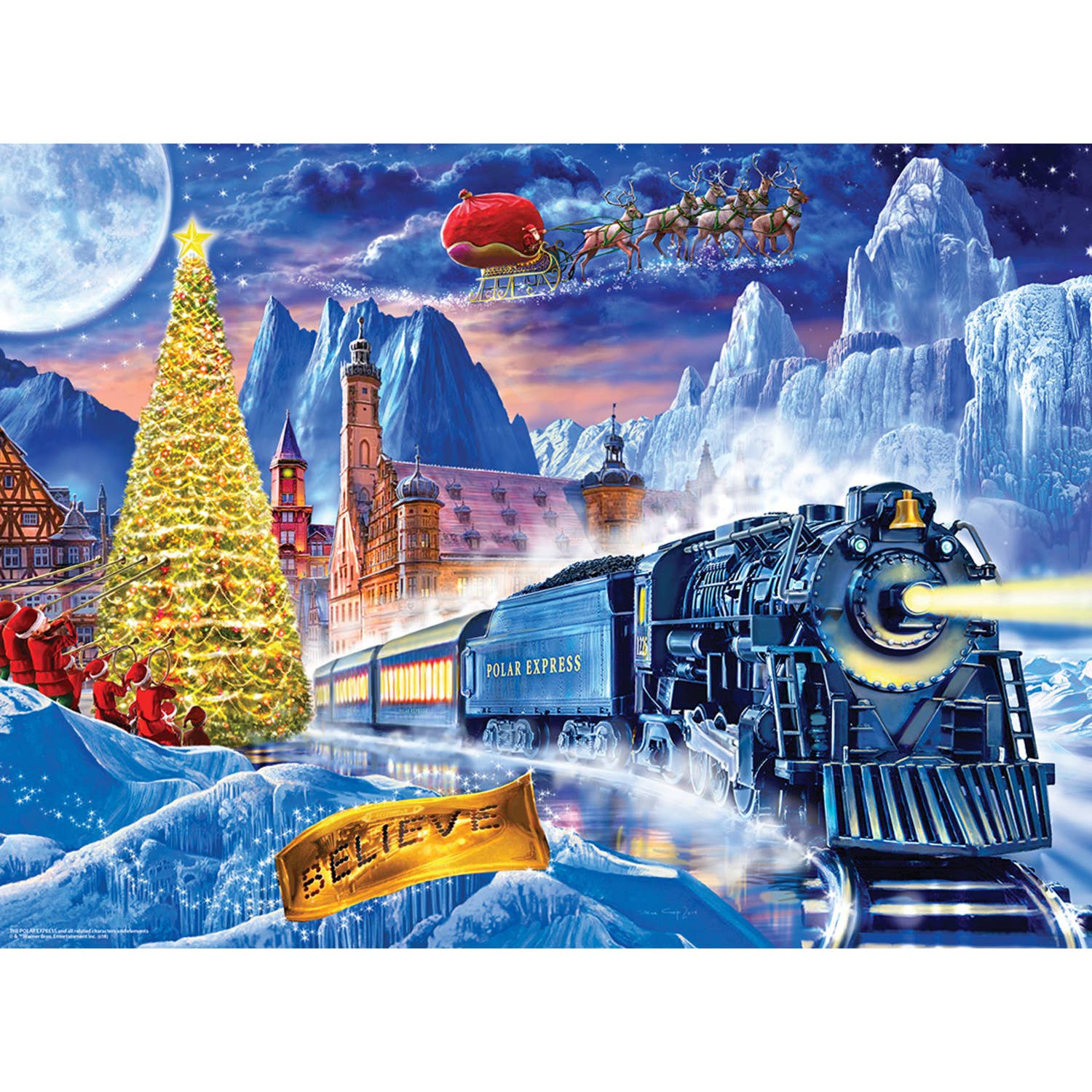 Christmas scene with a train, Christmas tree, and Santa Claus in the sky.