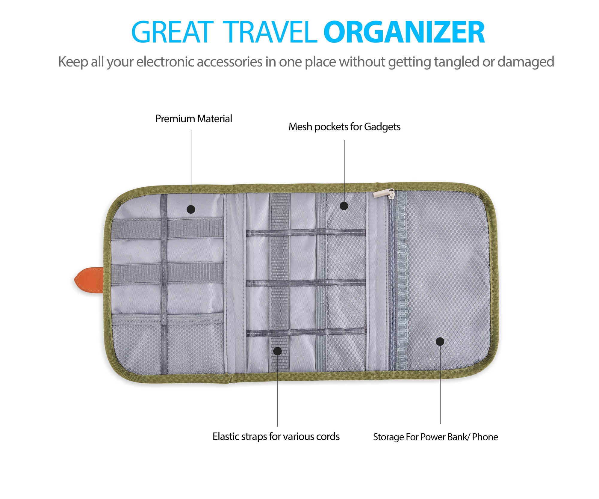 Olive Electronics Organizer Travel Bag cable managment Onyx Outfitters NW   