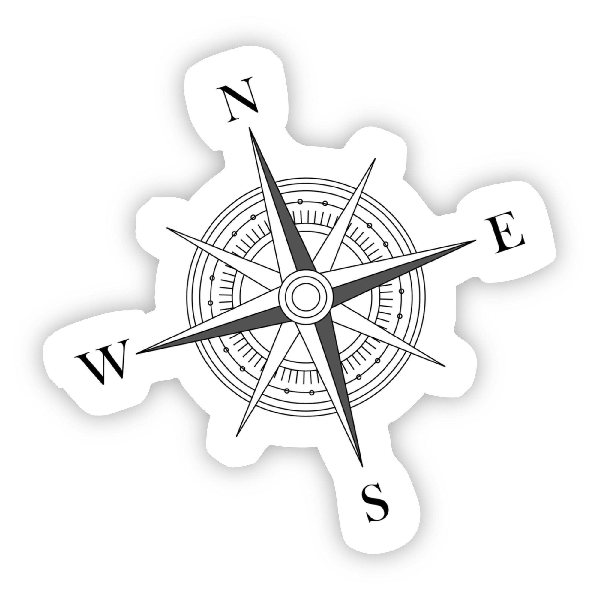 Black compass rose sticker with cardinal directions on a white background